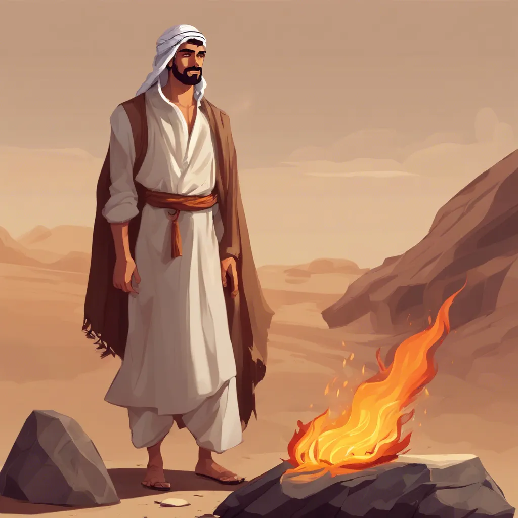 a man standing in front of a fire in the desert