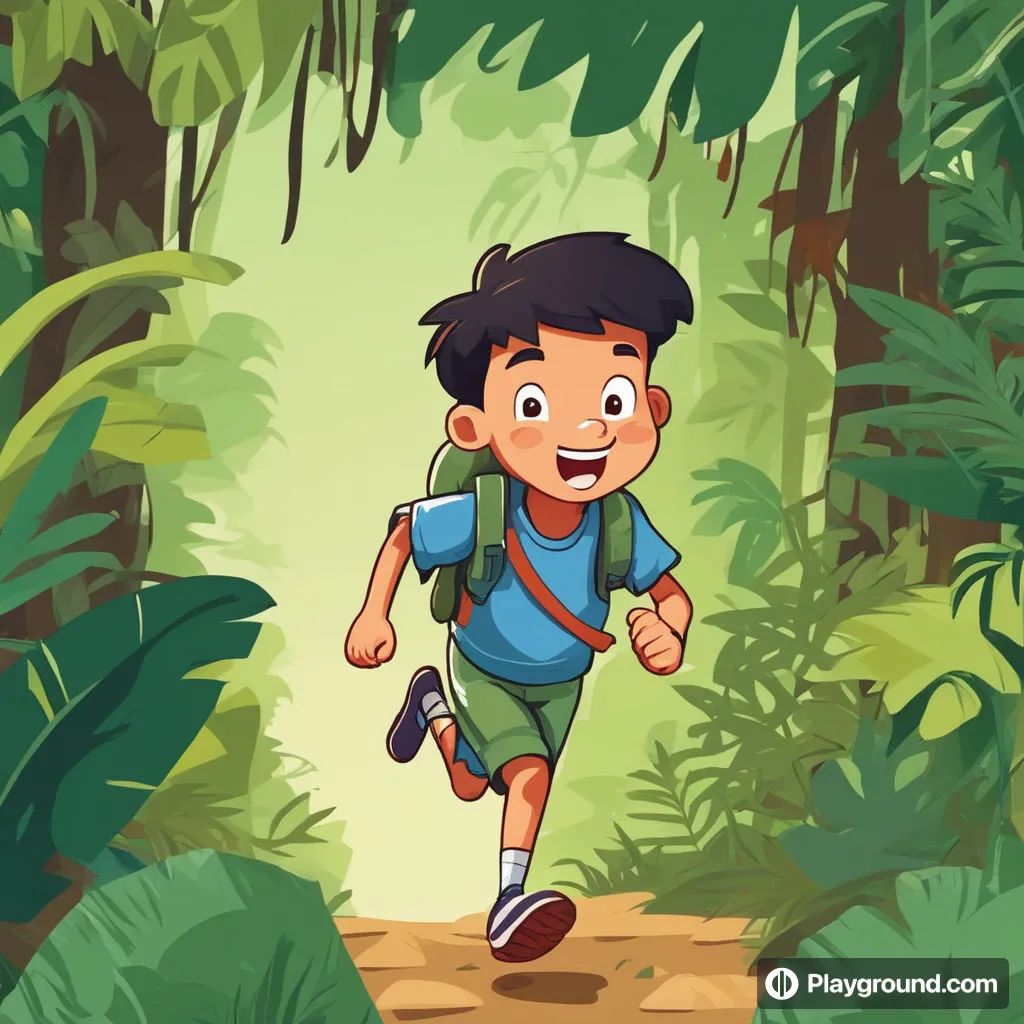 a boy running in the jungle with a backpack