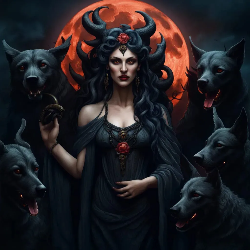 a painting of a woman surrounded by wolfs