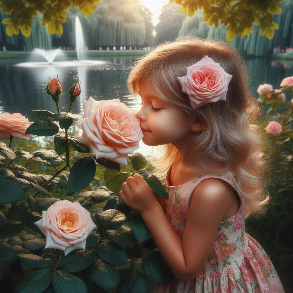 a painting of a little girl smelling a rose