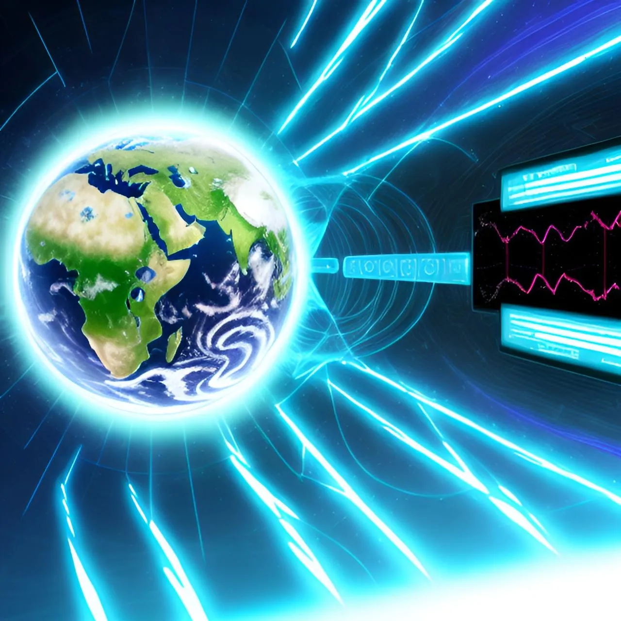 a blue and white image of the earth with a ecg line