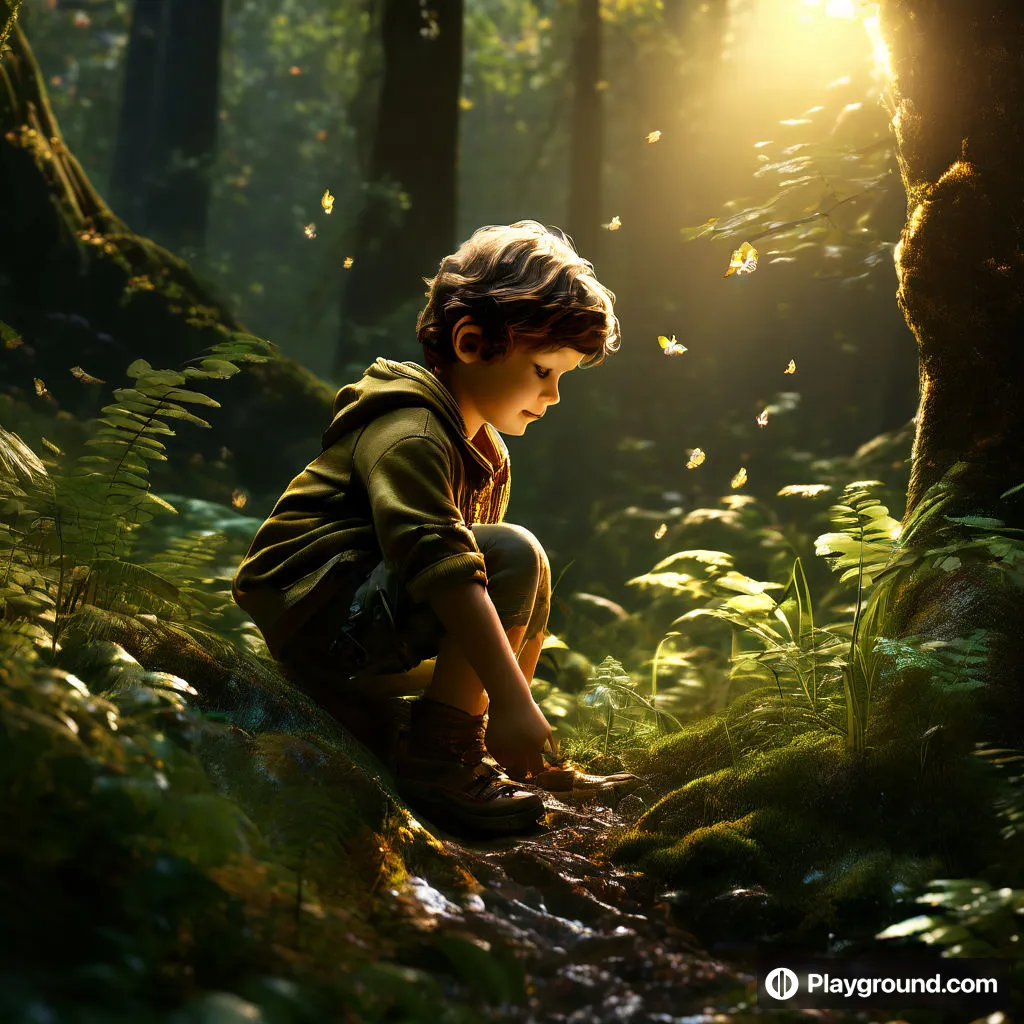 a young boy kneeling down in a forest