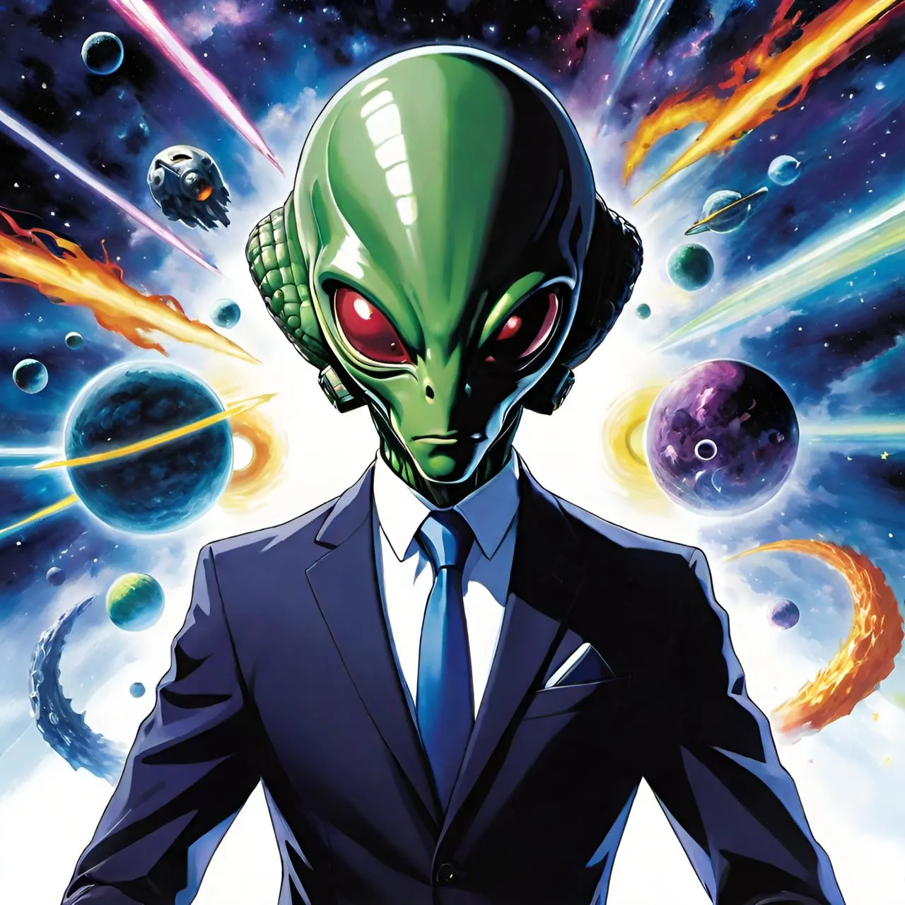 a man in a suit and tie with an alien head