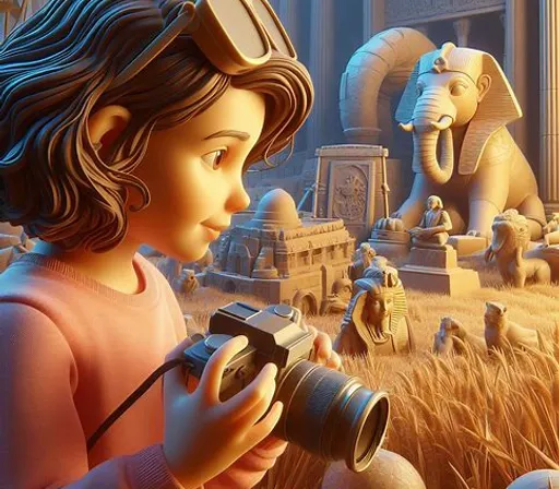 a little girl holding a camera in front of an elephant statue