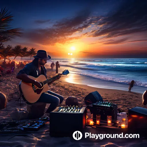 a man playing a guitar on the beach at sunset