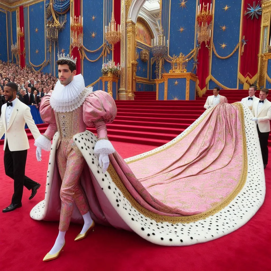 a man standing next to a woman in a pink dress