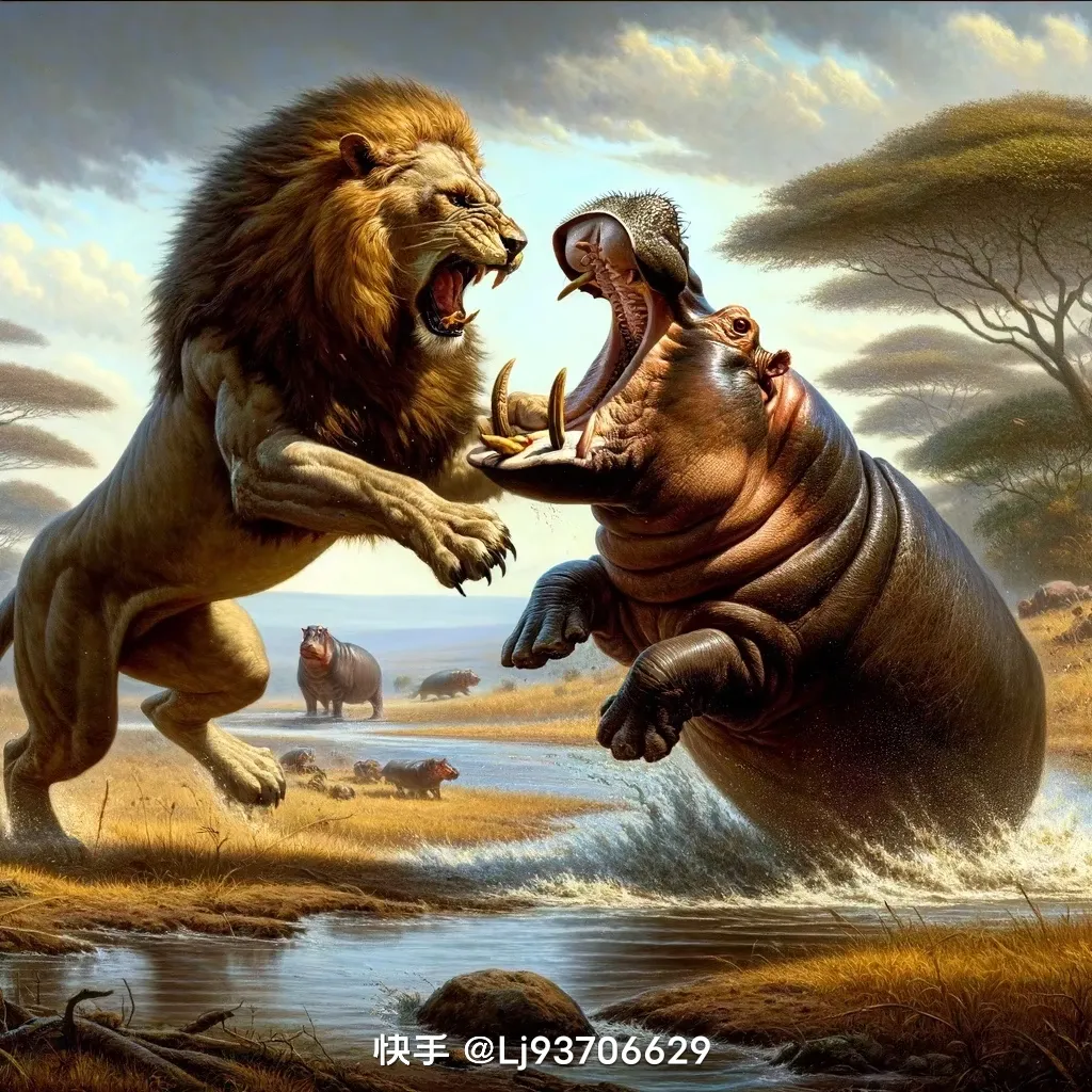 a painting of a lion attacking a hippopotamus