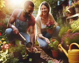 a man and a woman are gardening together