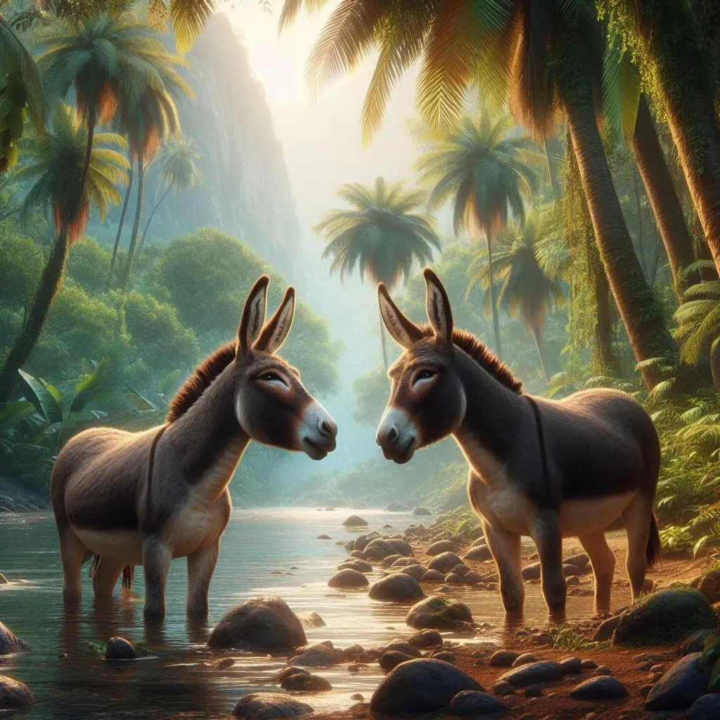 two donkeys standing in a stream surrounded by palm trees