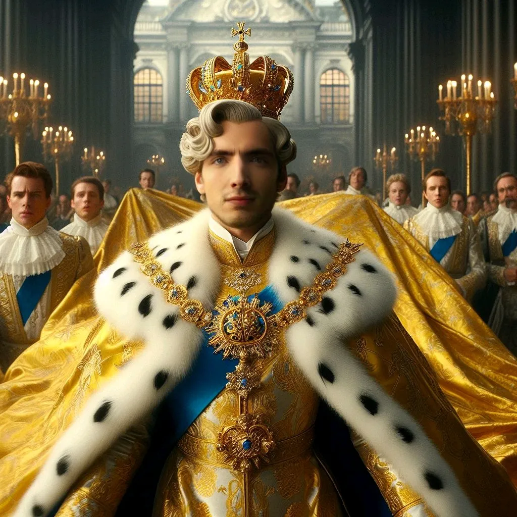 a man in a crown and dress with other men in the background