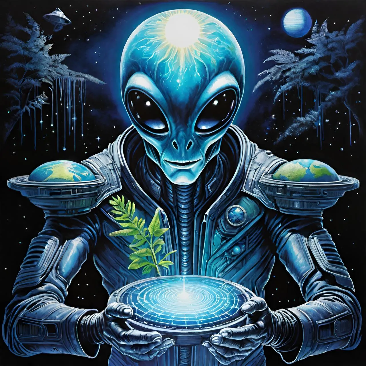 a painting of an alien holding a plate of food