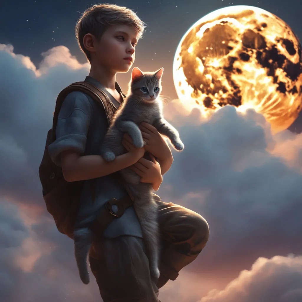 a boy holding a cat in front of a full moon