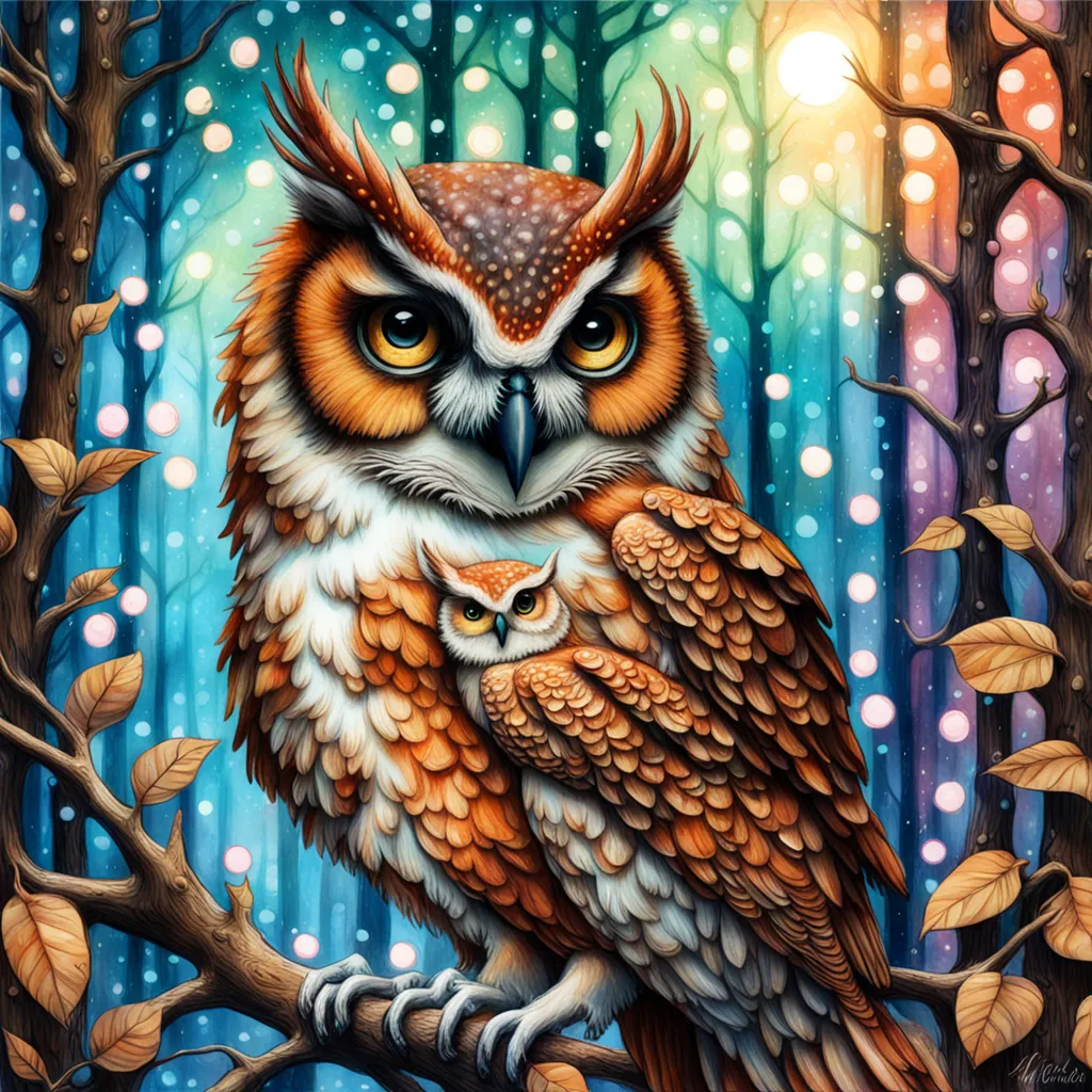 a painting of an owl sitting on top of a tree branch