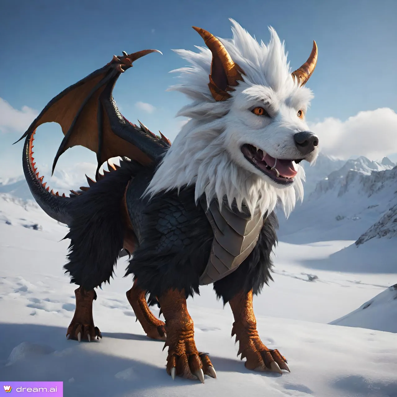 a white and black dragon-dog cammina in the snow