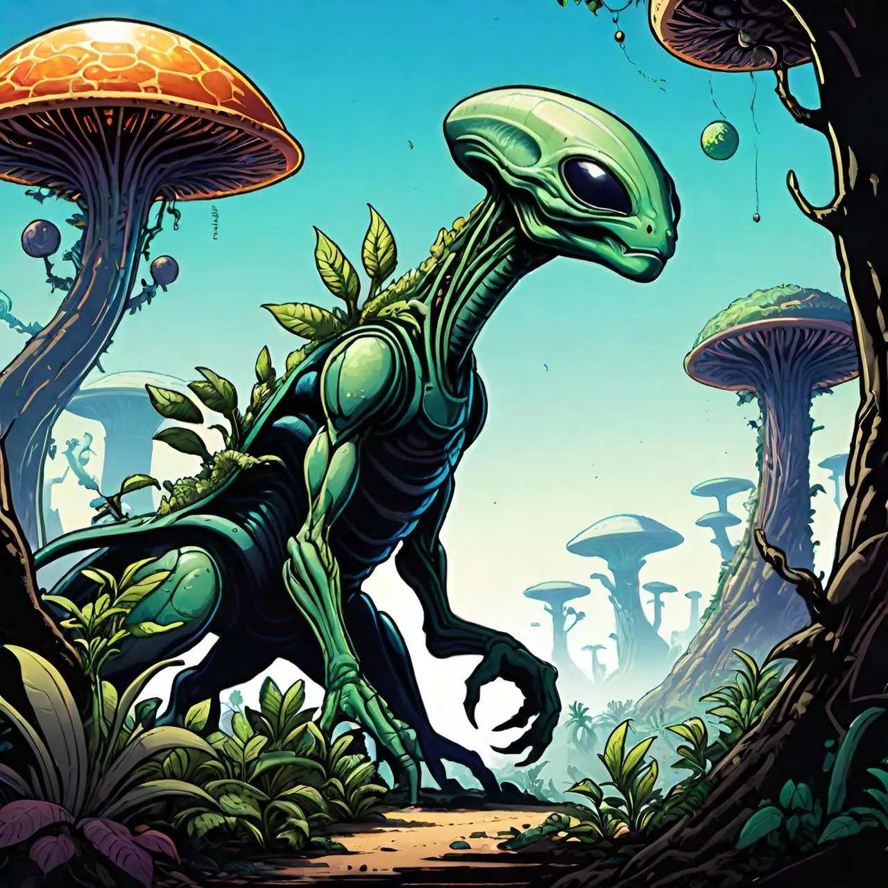 an alien walking through a forest filled with mushrooms