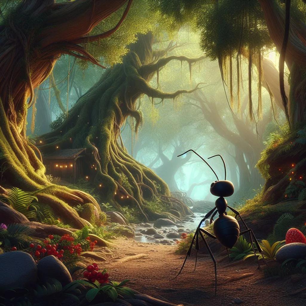 a painting of a bug in the middle of a forest