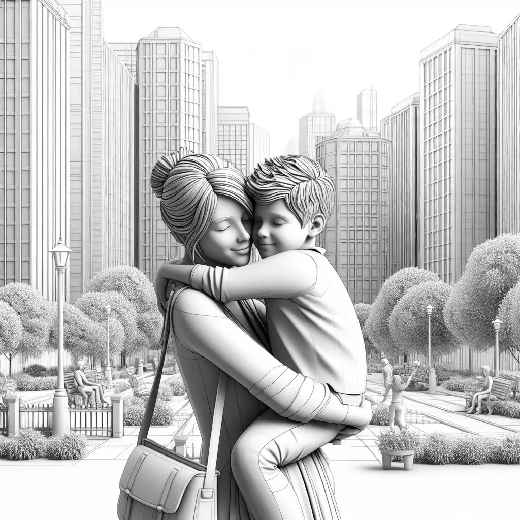 Mother and son hugging in a park bucolic image of affection, keep the original two feet two hands