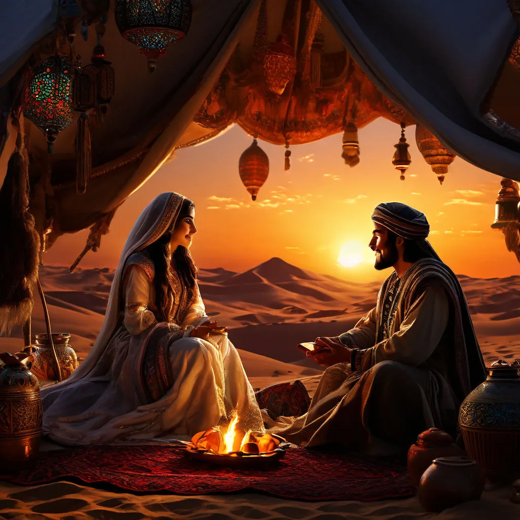 a man and a woman sitting on a rug in the desert