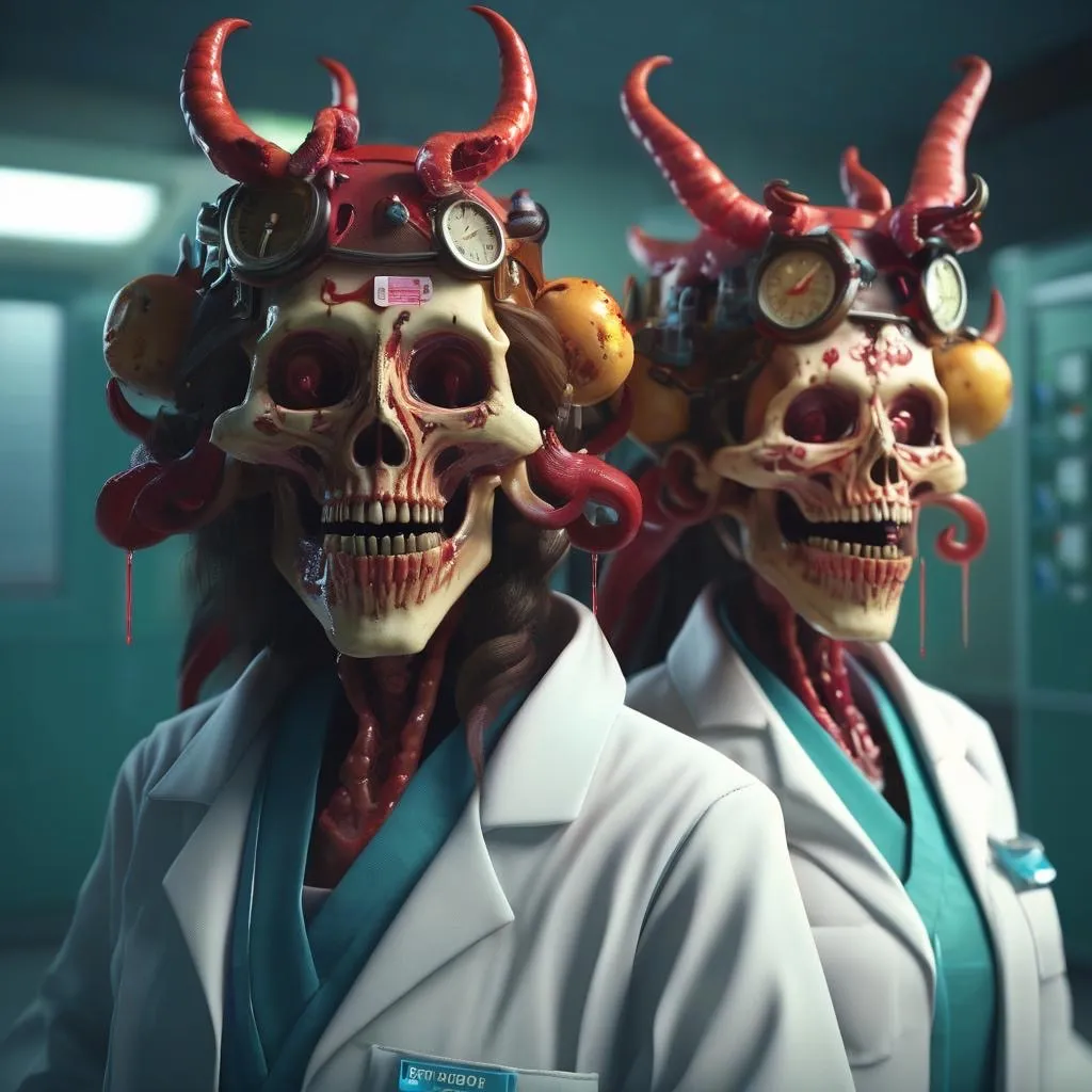 a couple of demon doctors with horns on their heads