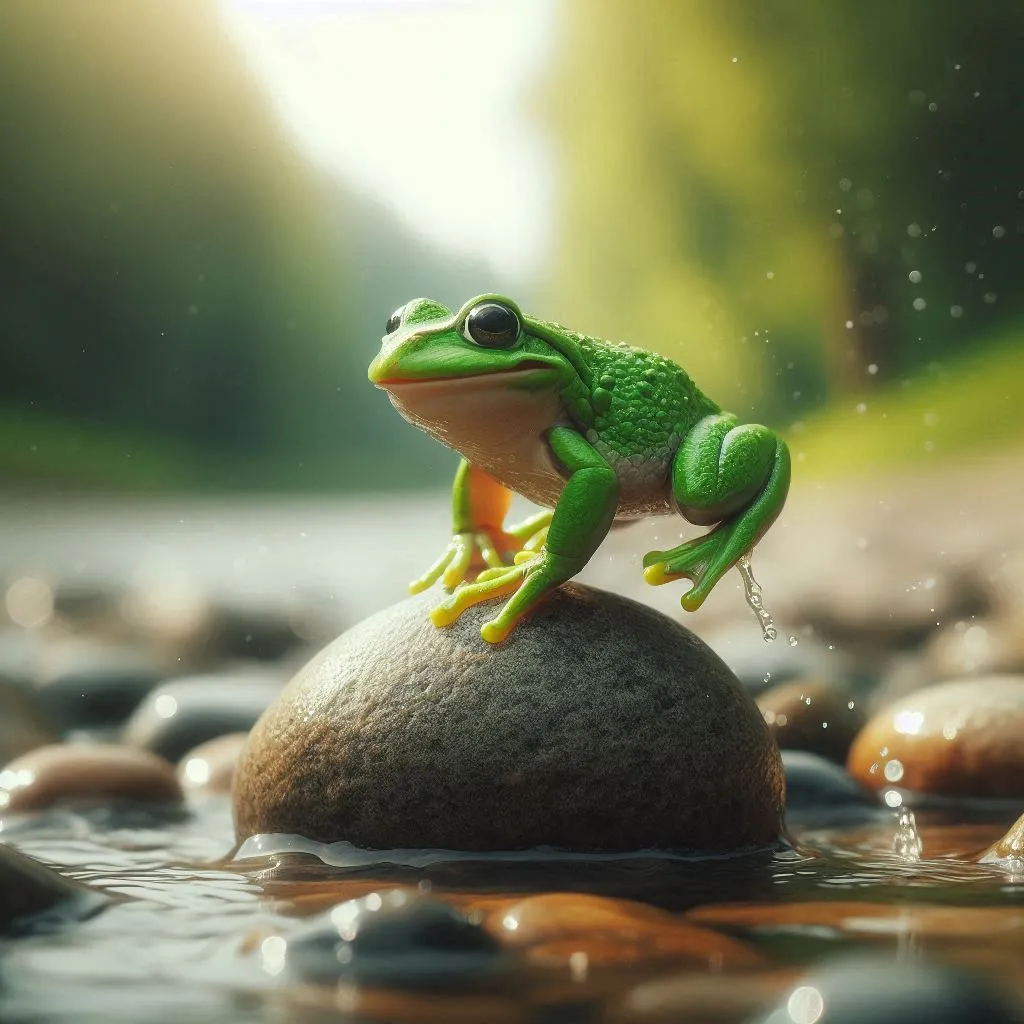 a green frog sitting on top of a rock