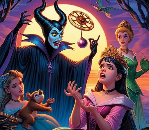 a painting of a maleficent and two females in front of a full moon