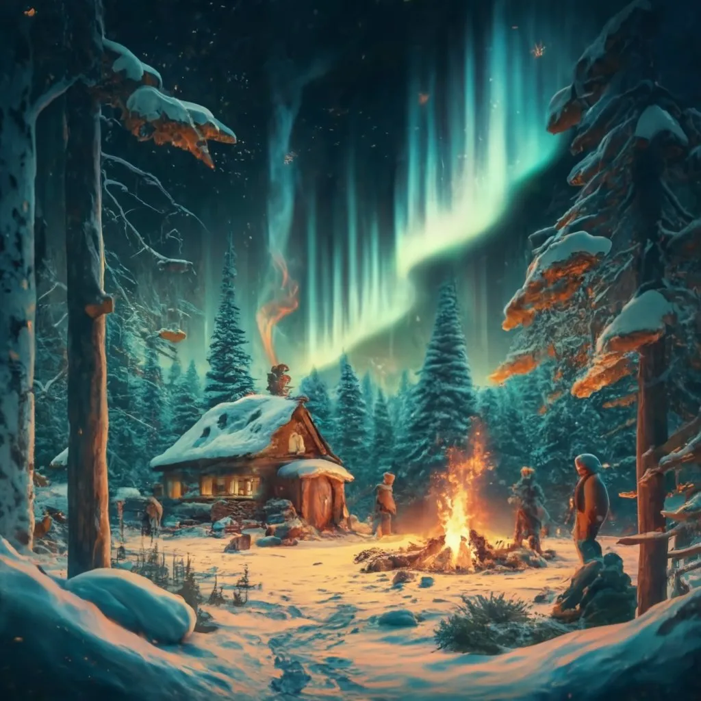 a painting of a cabin on a snowy night