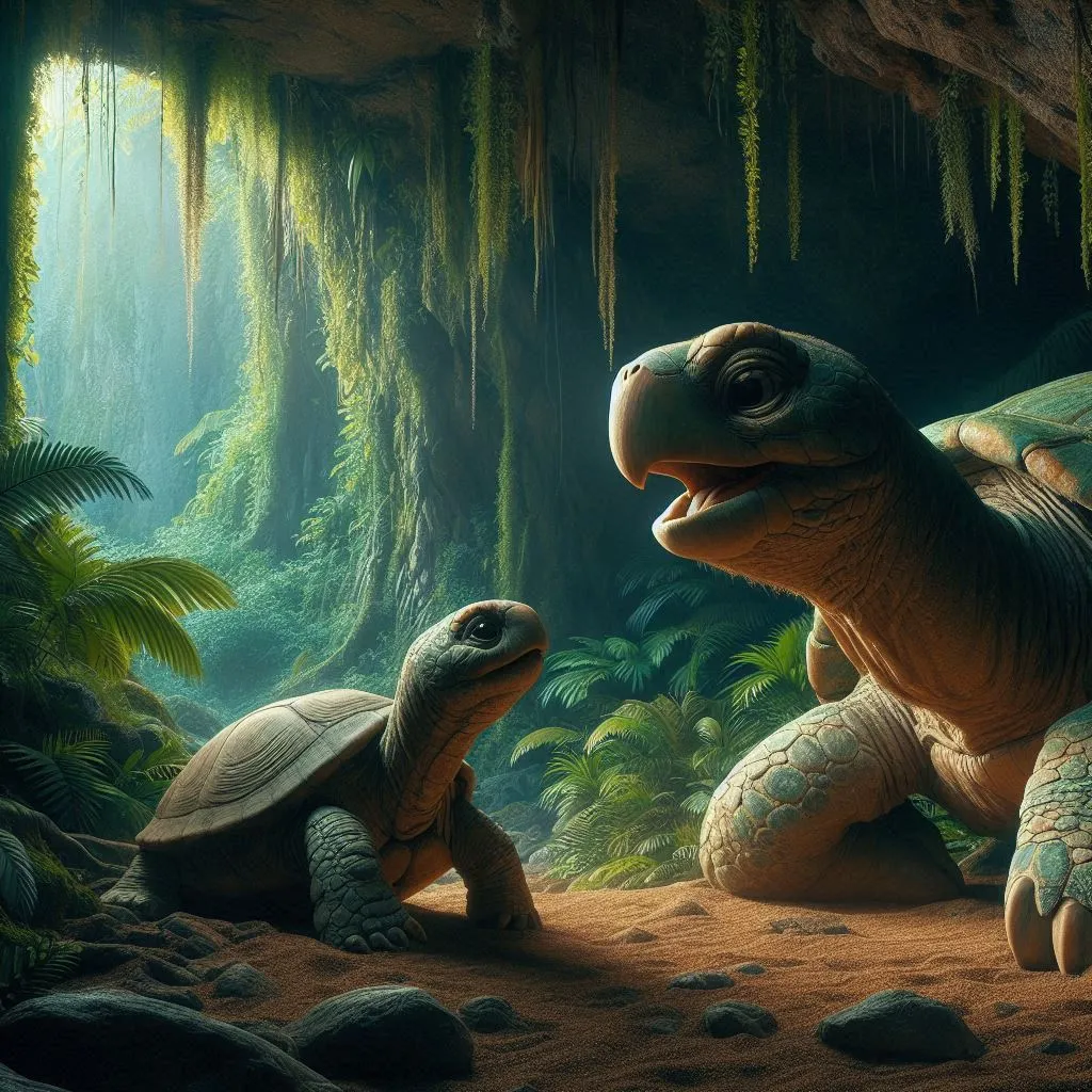 a painting of two tortoises in a jungle