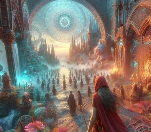 a painting of a woman walking through a fantasy city