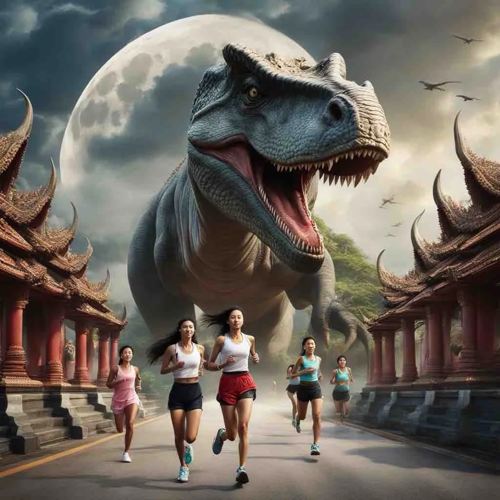 Create a video image that conveys the fun of running with dinosaurs., advertising style