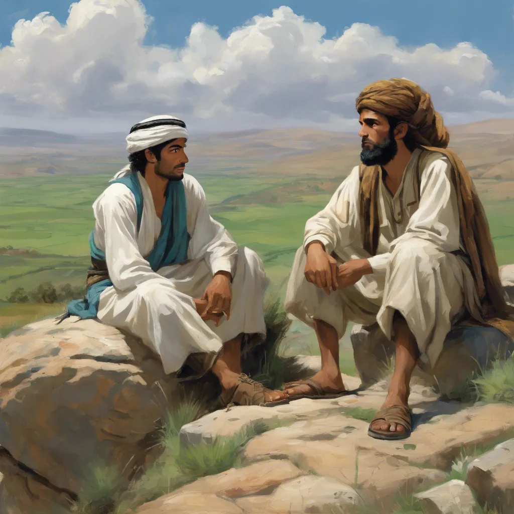 a painting of two men sitting on a rock