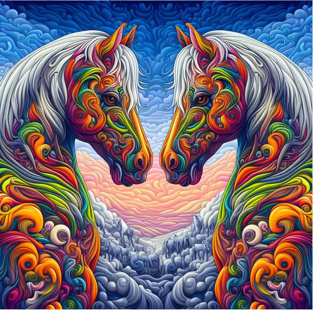 two horses standing next to each other in front of a blue sky