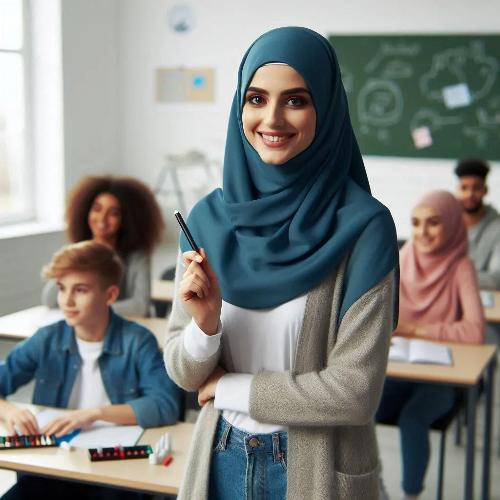 a woman standing in front of a classroom full of students