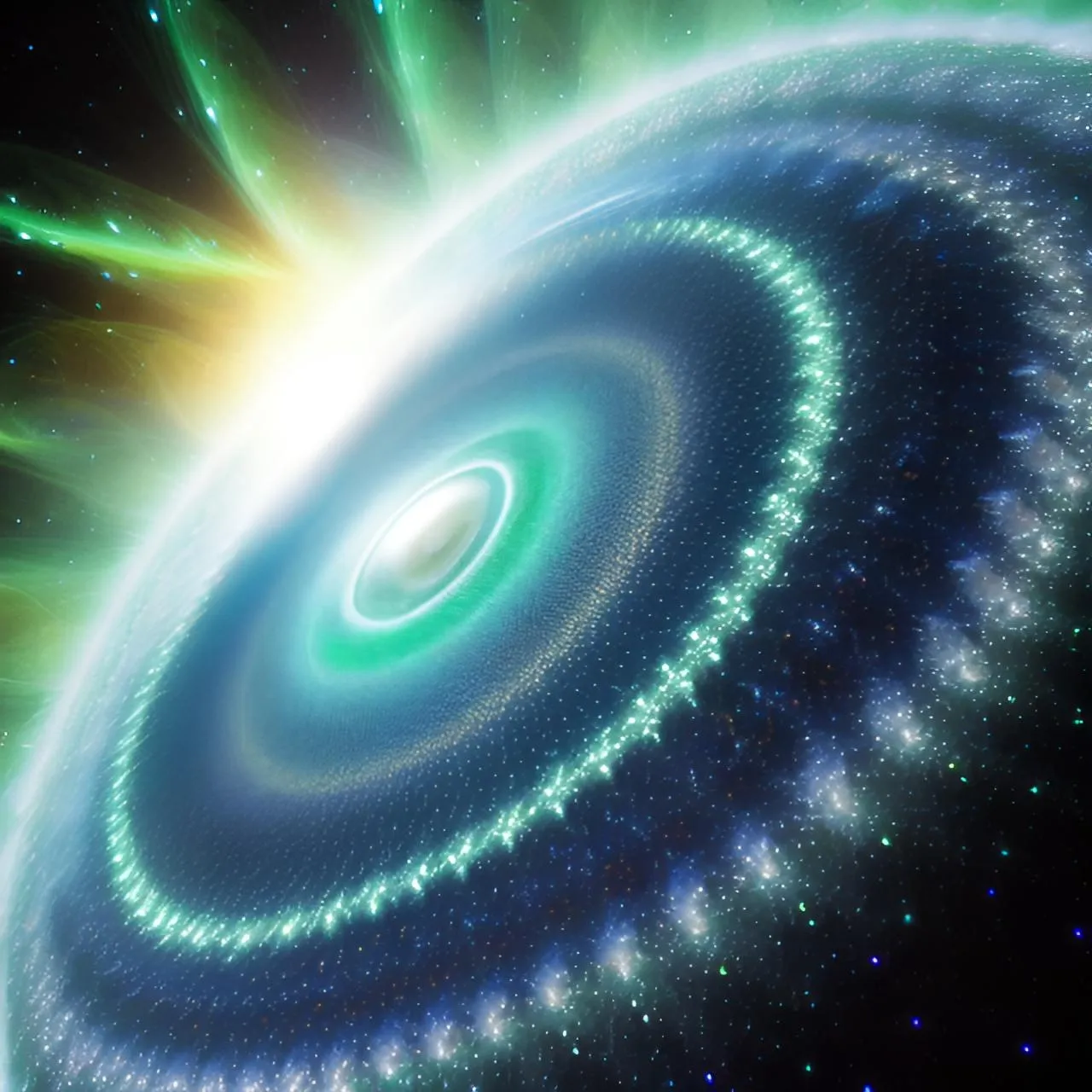 a black hole with a green and blue spiral in the center