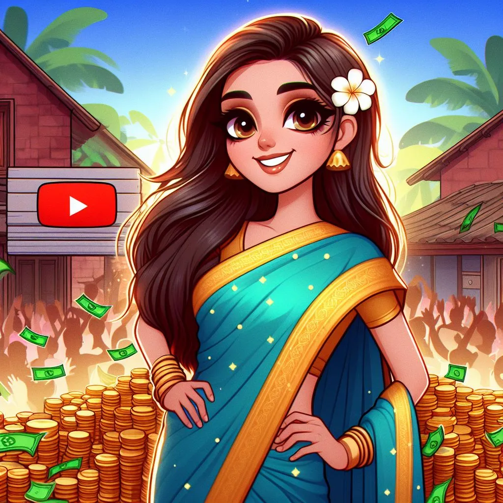 a woman in a blue sari standing in front of stacks of money