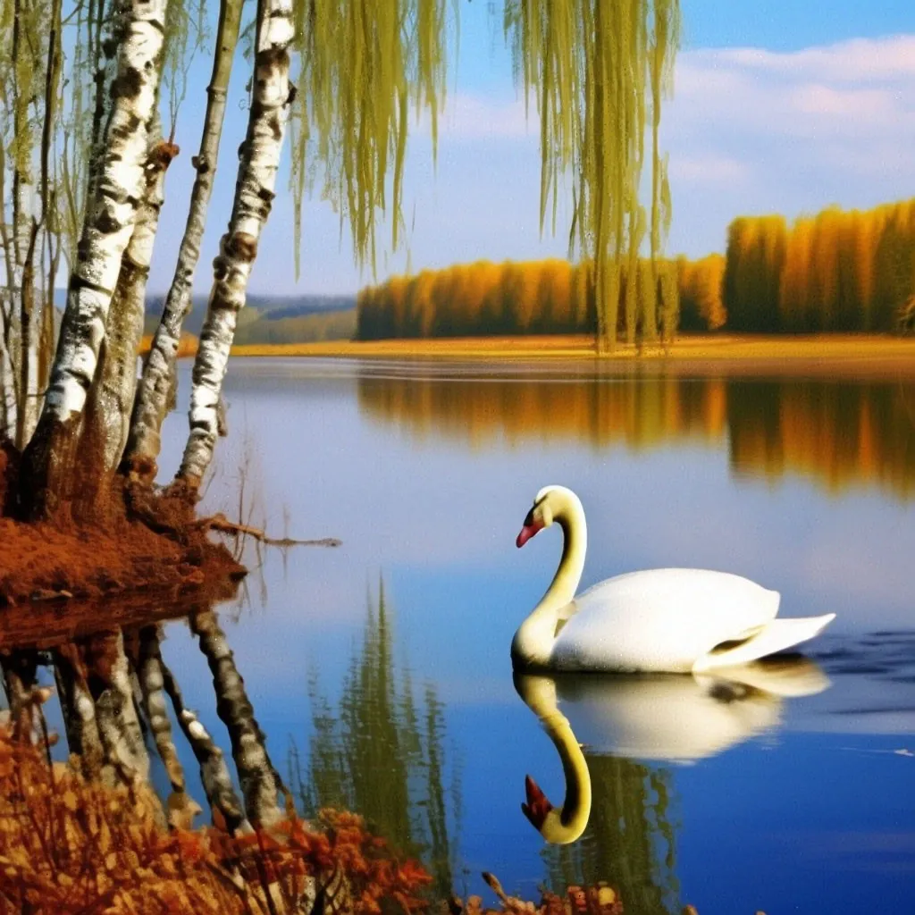 a white swan swimming in a lake surrounded by trees