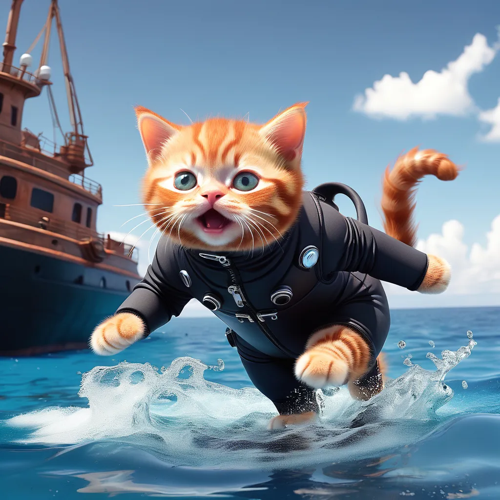 a cat in a wet suit jumping into the water