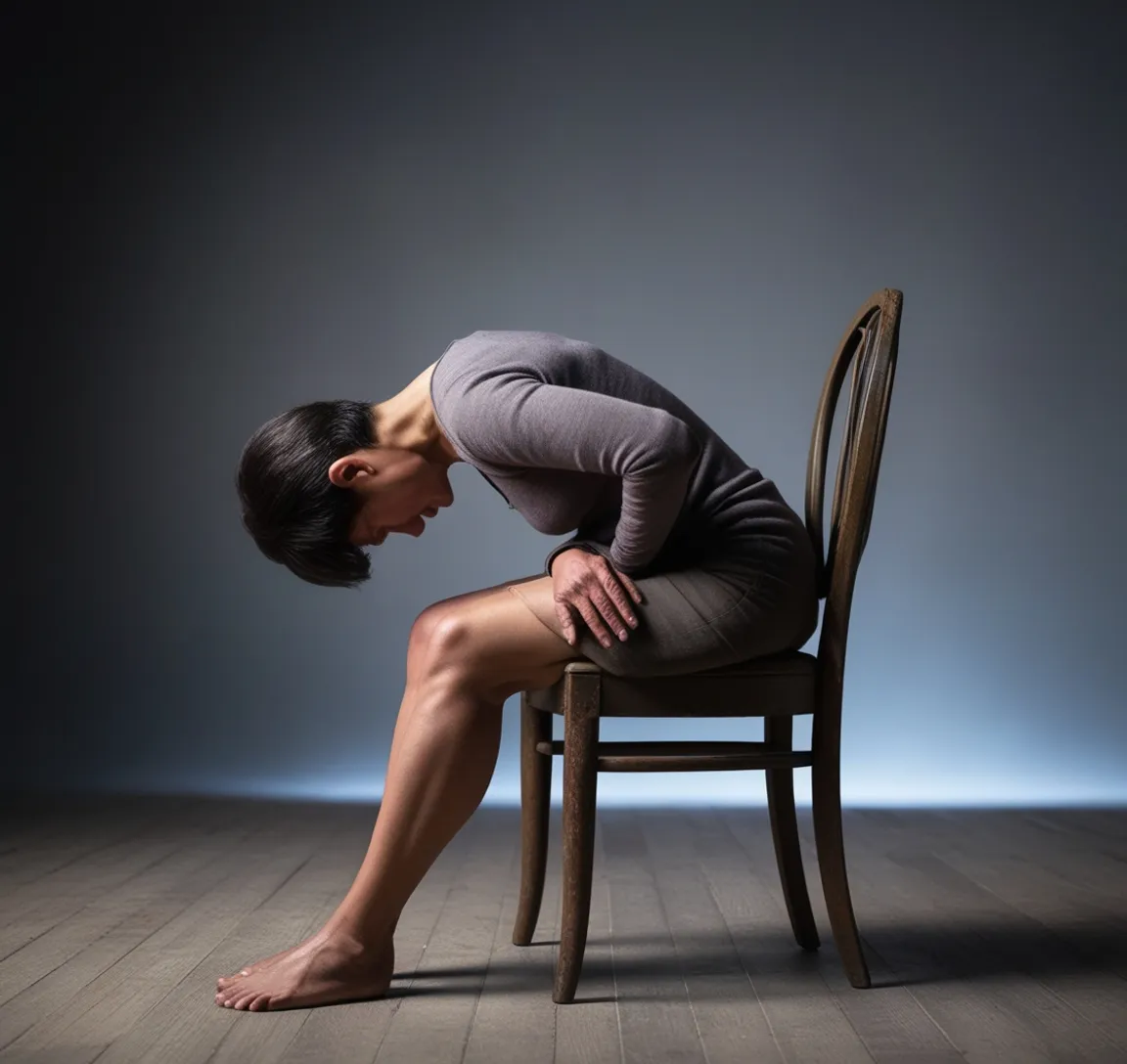 a woman sitting on top of a wooden chair