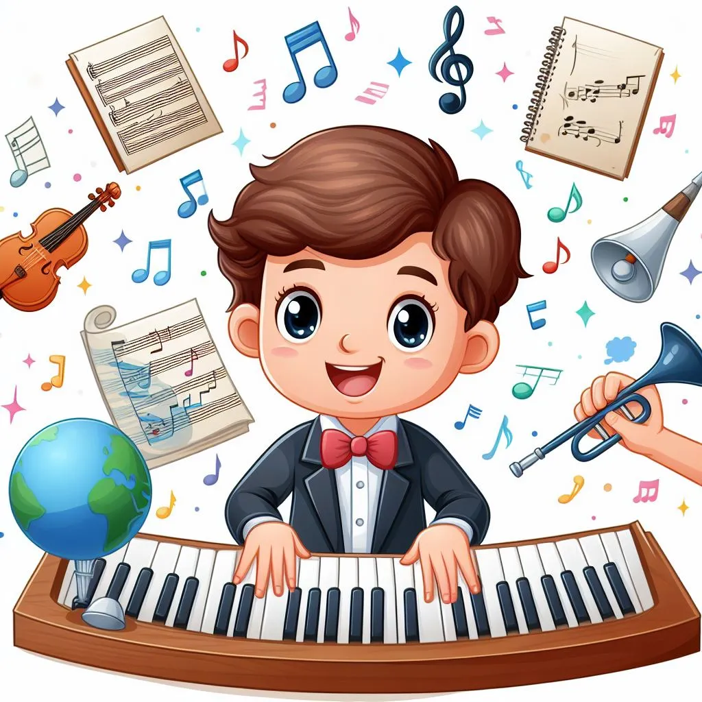 a boy playing the piano surrounded by musical instruments