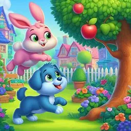 a cartoon picture of a bunny and a dog in a garden