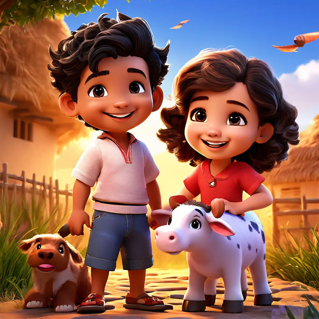 a boy and a girl standing next to a cow, making the character moving 