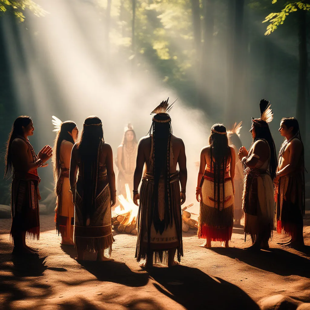 a group of native americans standing around a campfire