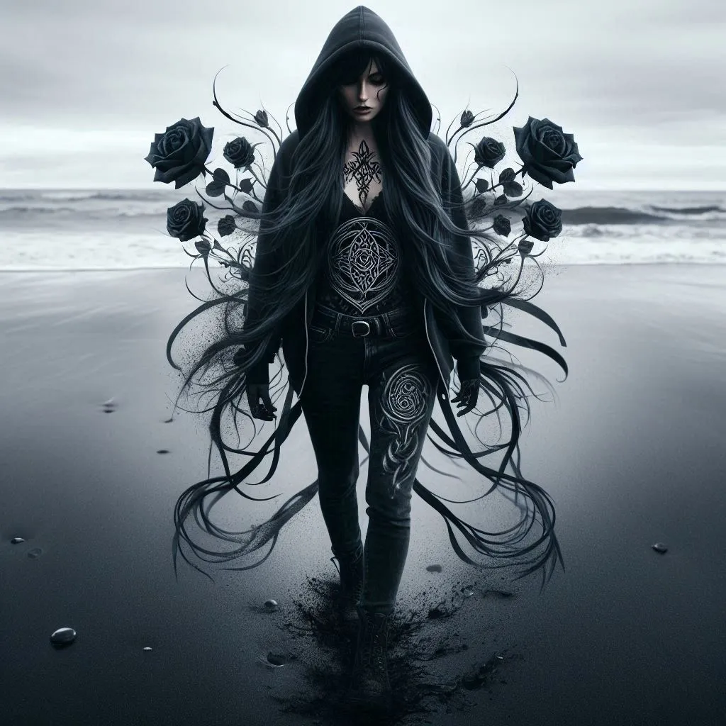 a woman with long black hair and a hoodie standing on a beach