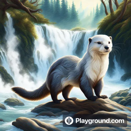 a painting of an otter standing on a rock in front of a waterfall