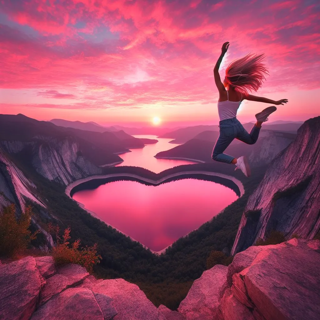 a woman jumping in the air over a heart shaped lake