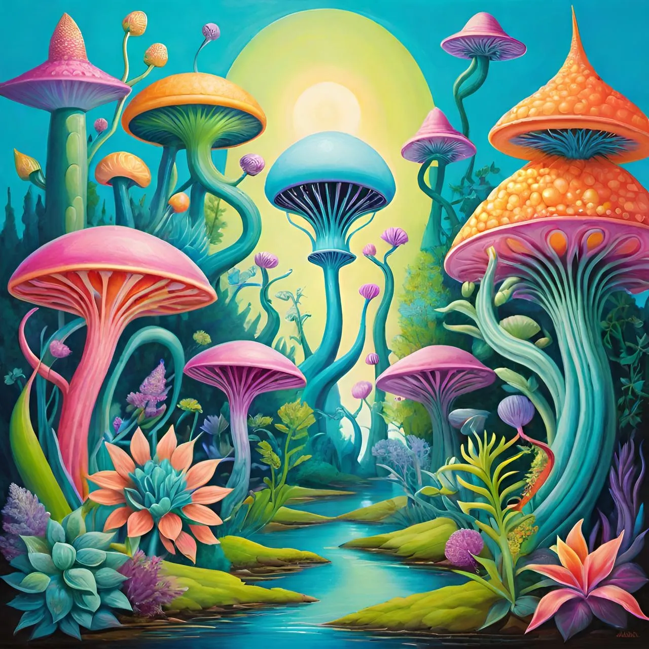 a painting of many different types of mushrooms