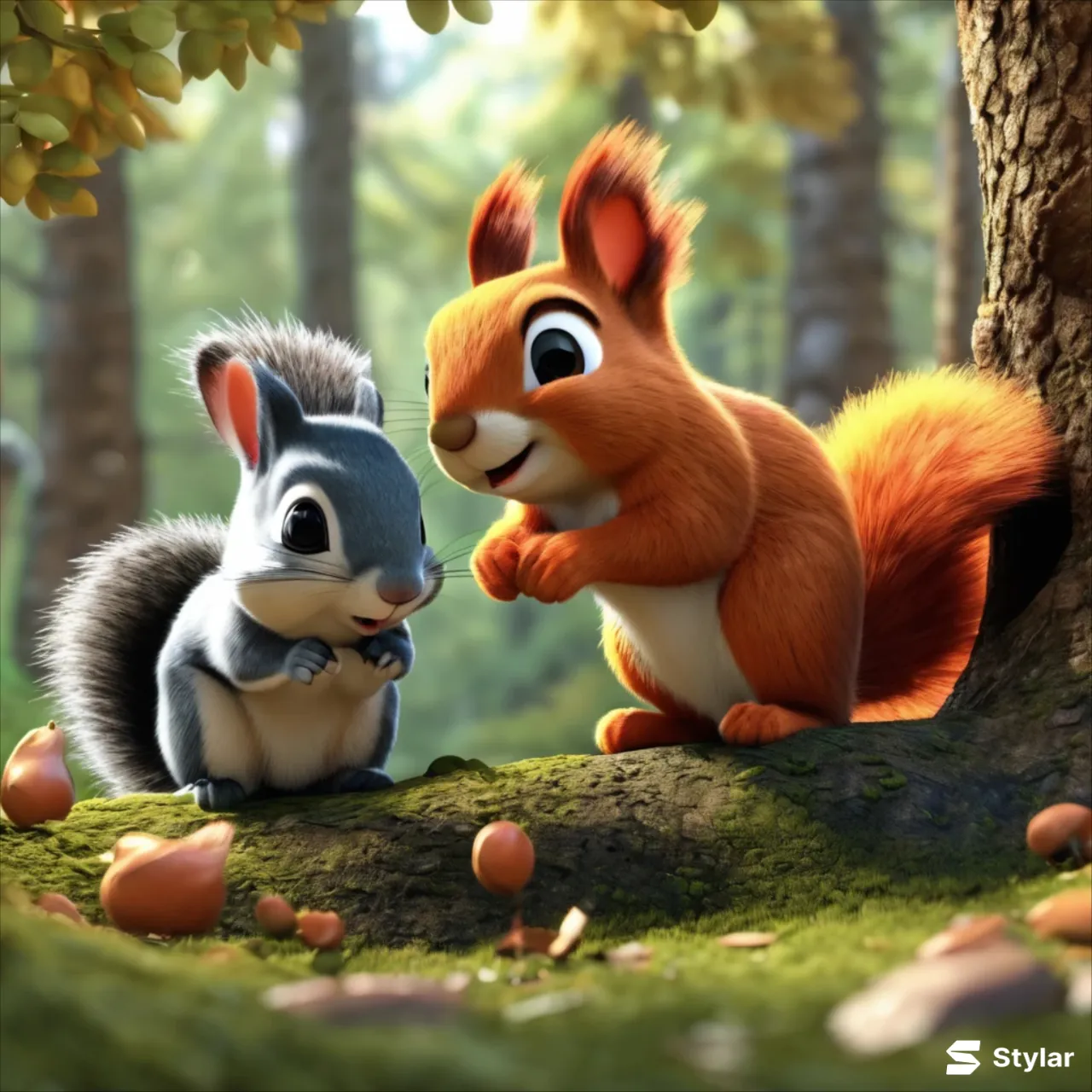 a squirrel and a squirrel in a forest