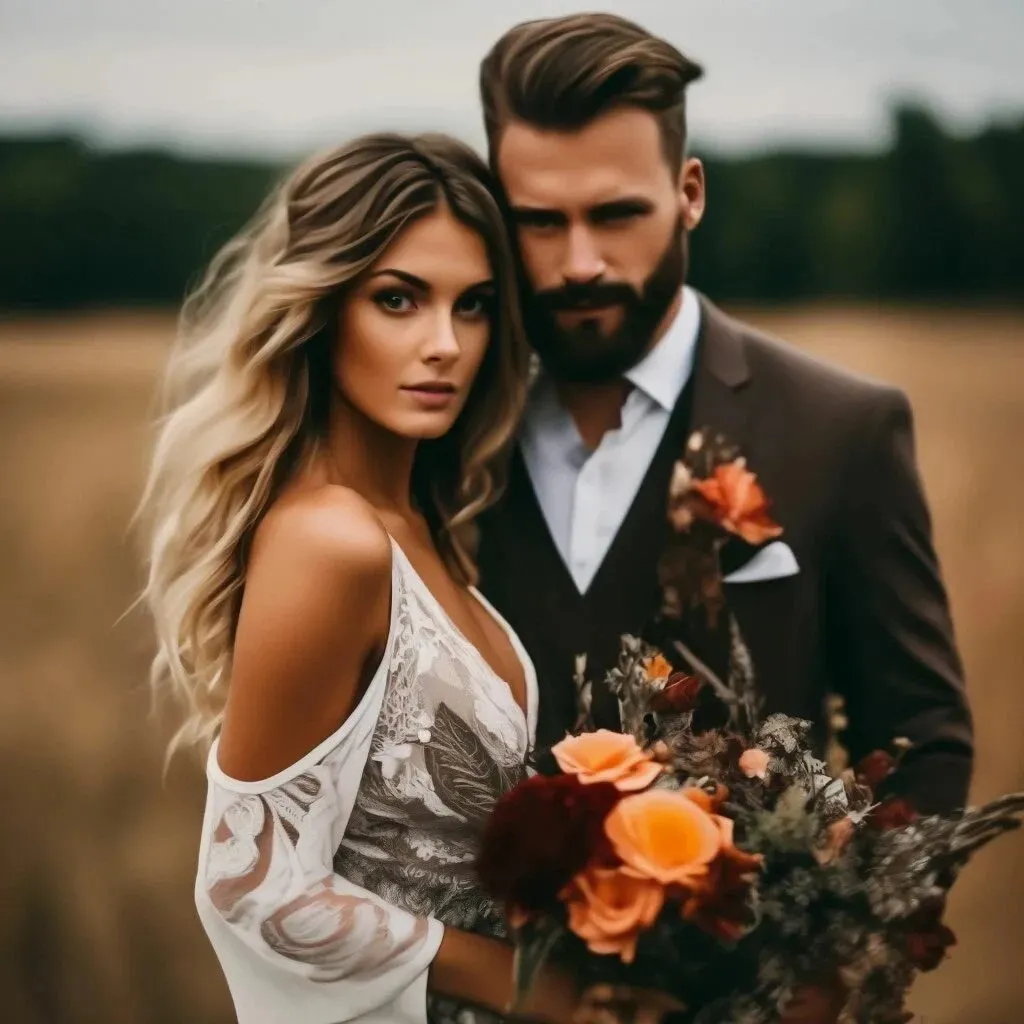 a man and a woman are standing in a field