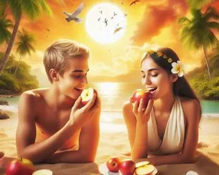 a man and a woman sitting on a beach eating fruit