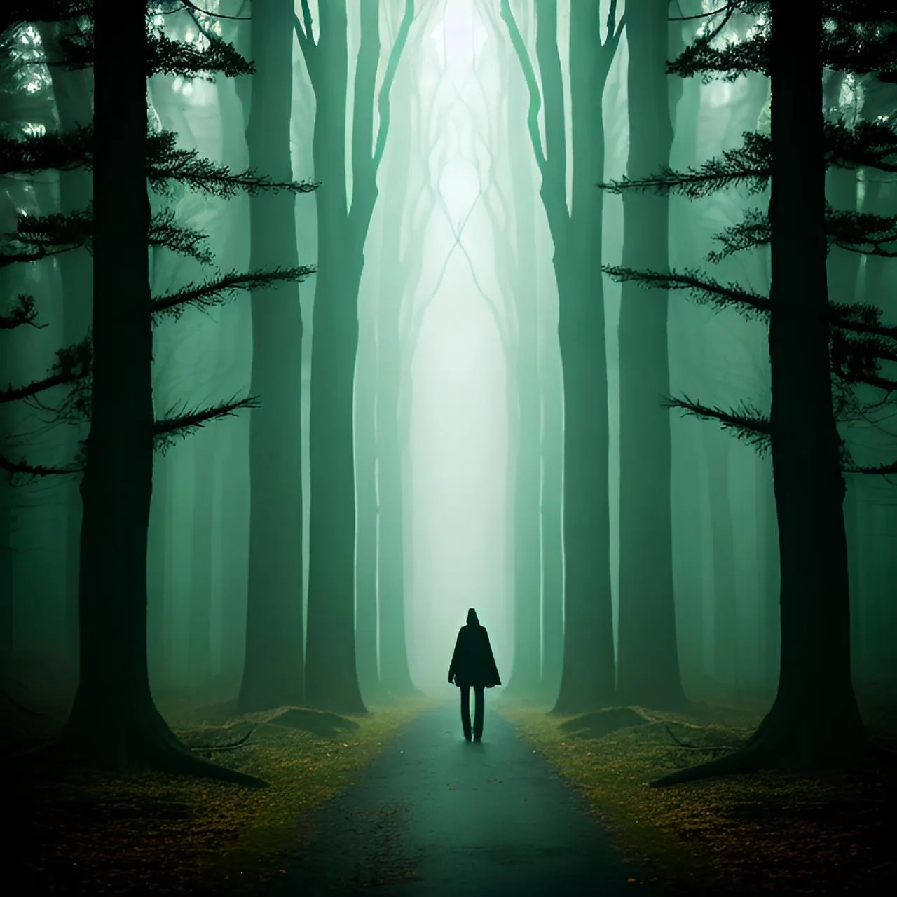 a person standing in the middle of a forest