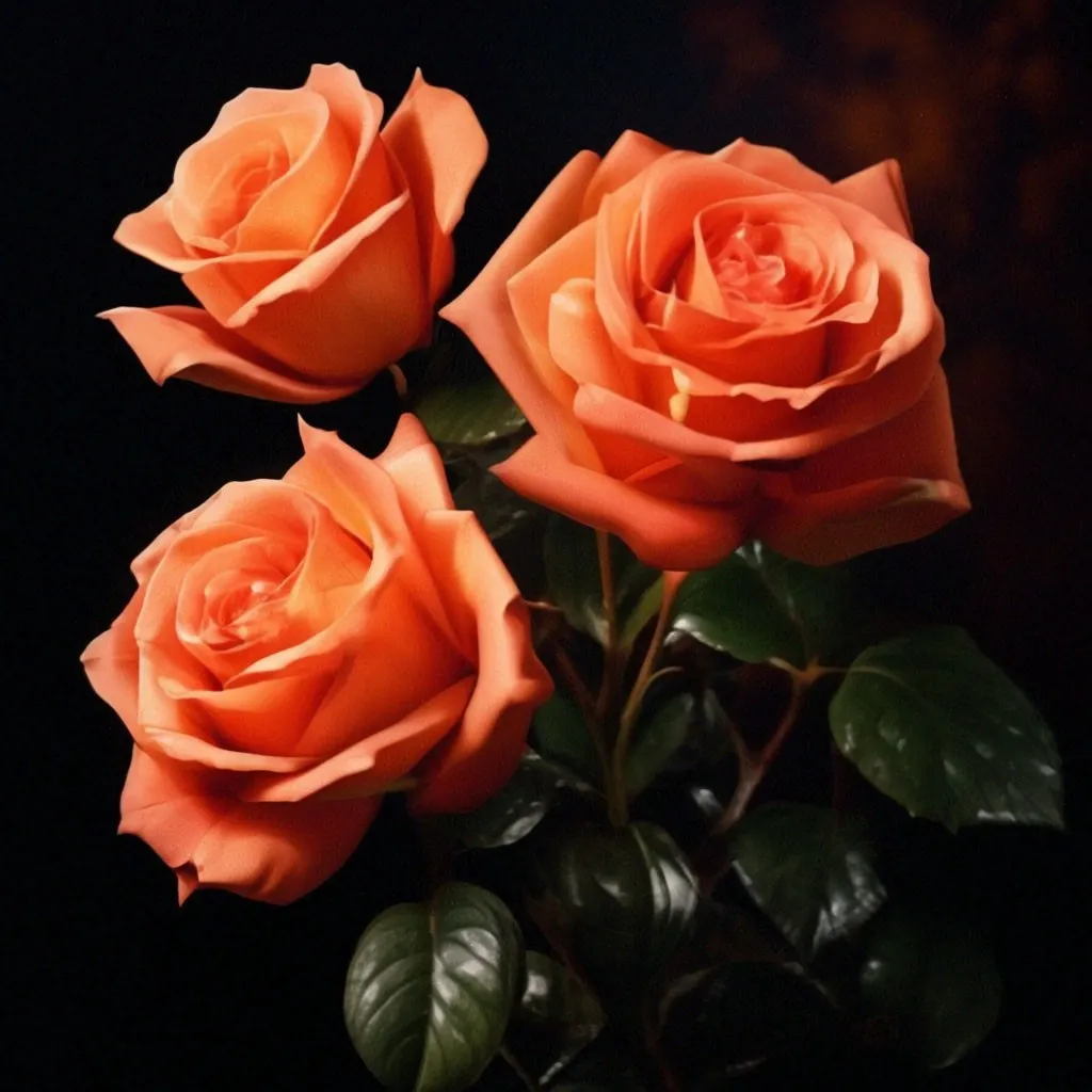 three orange roses in a vase on a black background